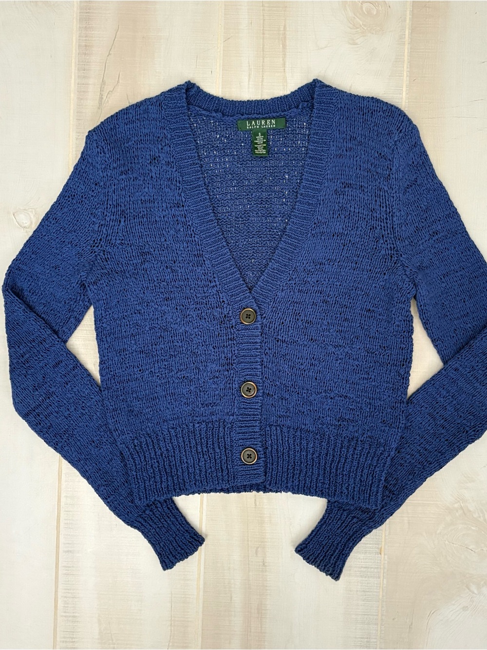 Lauren Ralph Lauren Blue Cropped Open Knit Cardigan Women’s Size S Cotton Blend - Picture 2 of 7